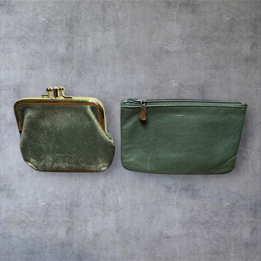 2 La Garde Leather Coin Purse Pouch Set Green Good‎ Vintage Kiss Lock Key